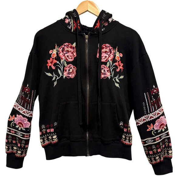 Boho Embroidered Zip Hoodie Jacket Lace Lined Hood Floral Folk Cropped L - Picture 1 of 12